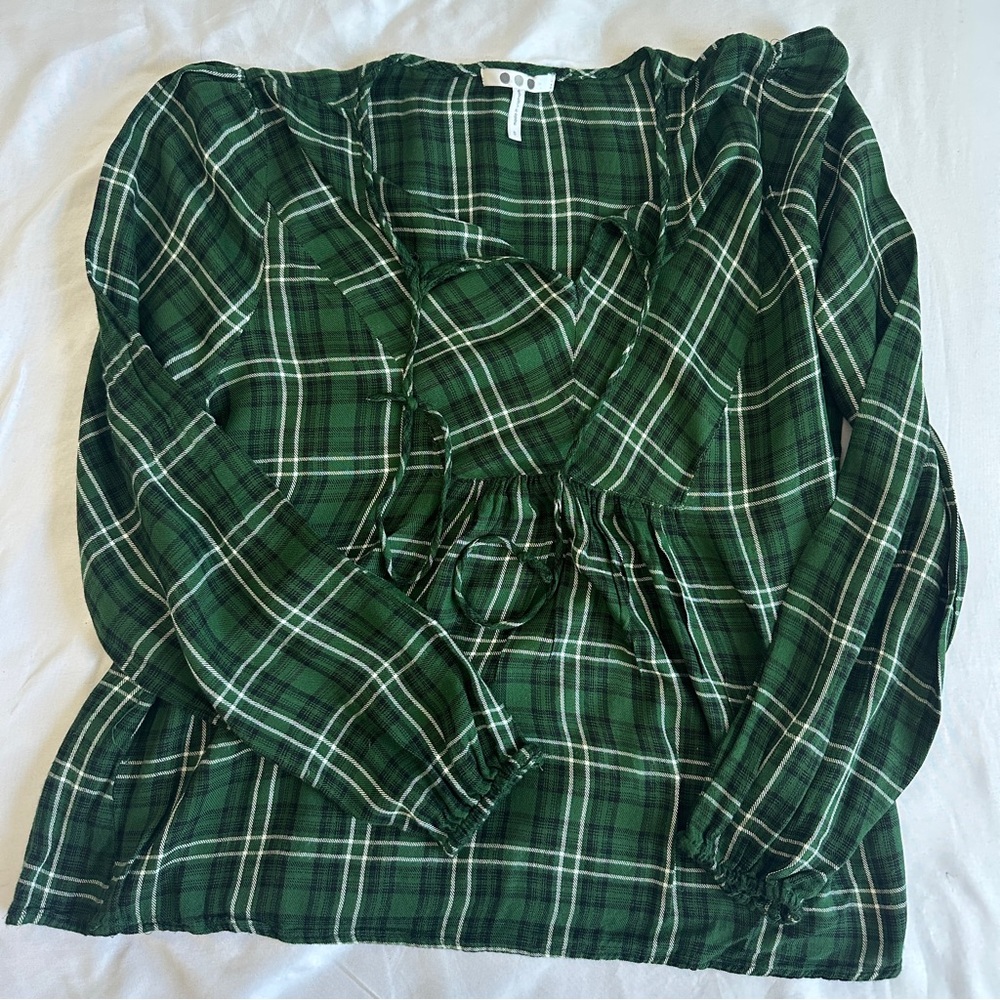 Green Plaid Long Sleeve Blouse